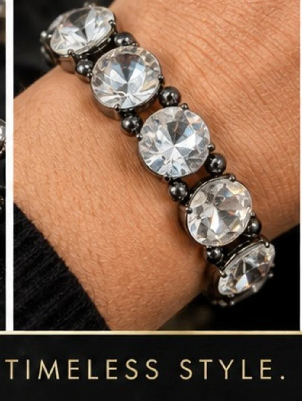 Statement Clear Glass Rhinestone Stretch Bracelet Gunmetal Sparkle